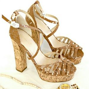 Gold Lorin Strap Heels w/ Cork Heel and Platform